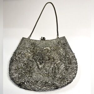 Vintage Elegant Silver Beaded Handbag. Handmade In Hong Kong.